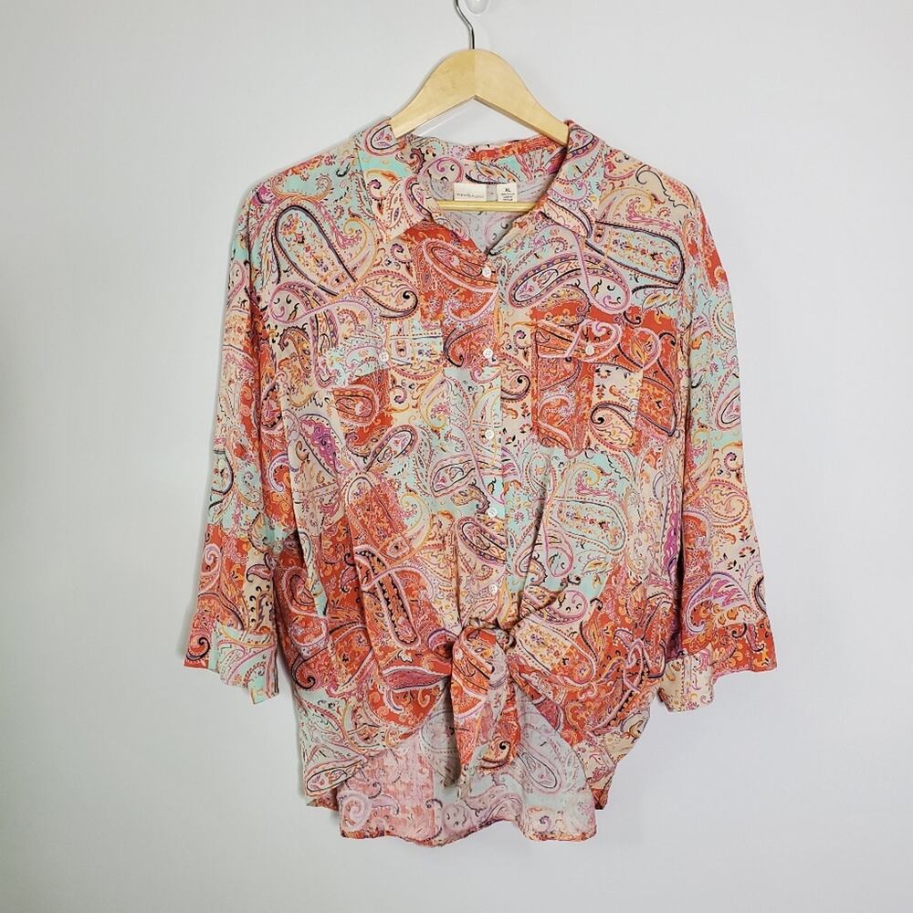 Westbound Pink and white Paisley tie front casual button up blouse Size XL